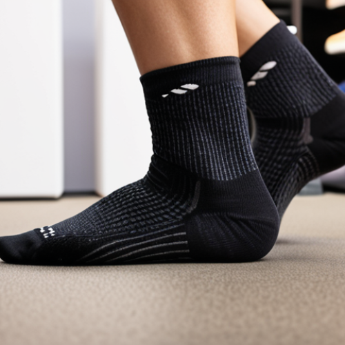 Home 23 **
A close-up shot of various running socks with different materials and cushioning levels displayed. Focus on the textures and features like Merino wool, polyester blends, and strategic cushioning zones. Include a runner's foot partially visible, wearing one of the socks, to showcase the fit. The background should be blurred, suggesting a running store or gear display.
**