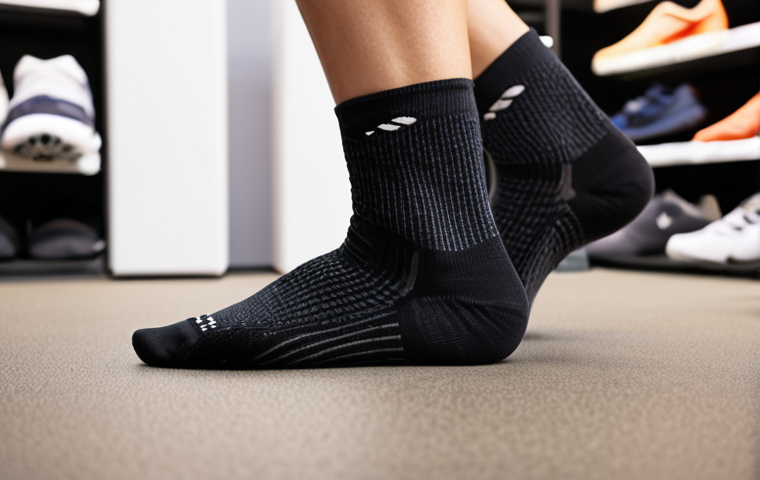 **
A close-up shot of various running socks with different materials and cushioning levels displayed. Focus on the textures and features like Merino wool, polyester blends, and strategic cushioning zones. Include a runner's foot partially visible, wearing one of the socks, to showcase the fit. The background should be blurred, suggesting a running store or gear display.
**
