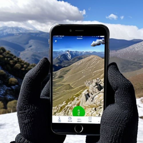 Home 22 **
Close-up photo of hands wearing Merino wool touchscreen gloves, holding a smartphone. The background is a snowy mountain landscape, like the Sierra de Guadarrama near Madrid. The phone displays a hiking app or a picture of a snowy scene. Focus on the warmth and comfort conveyed by the gloves.
**