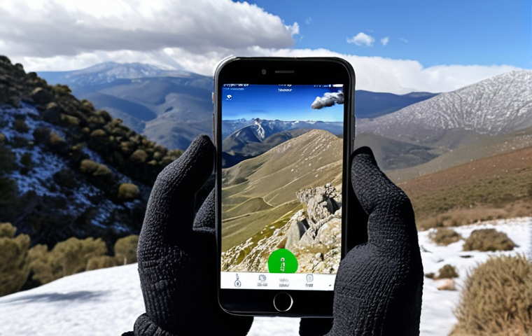 **
Close-up photo of hands wearing Merino wool touchscreen gloves, holding a smartphone. The background is a snowy mountain landscape, like the Sierra de Guadarrama near Madrid. The phone displays a hiking app or a picture of a snowy scene. Focus on the warmth and comfort conveyed by the gloves.
**