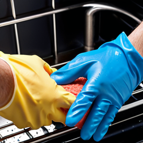 Home 21 **Prompt:** A close-up, high-detail shot of a hand wearing a durable, dark blue nitrile rubber glove with clearly visible reinforced fingertips and a textured palm. The glove is actively engaged in a demanding cleaning task, such as scrubbing a greasy oven rack or a sudsy sink, with water splashing and foam visible. The glove fits perfectly, conveying a sense of protection, resilience, and user confidence. Bright, focused lighting highlights the glove's quality. Photorealistic style, studio-quality photography.