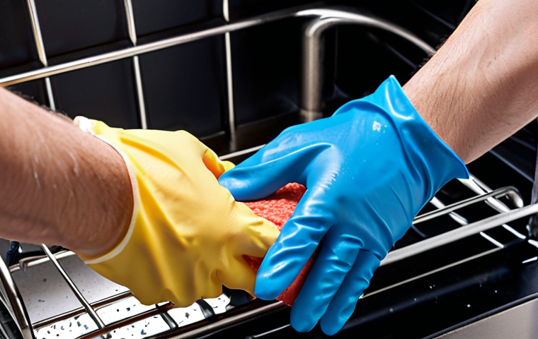 **Prompt:** A close-up, high-detail shot of a hand wearing a durable, dark blue nitrile rubber glove with clearly visible reinforced fingertips and a textured palm. The glove is actively engaged in a demanding cleaning task, such as scrubbing a greasy oven rack or a sudsy sink, with water splashing and foam visible. The glove fits perfectly, conveying a sense of protection, resilience, and user confidence. Bright, focused lighting highlights the glove's quality. Photorealistic style, studio-quality photography.