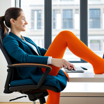 A professional individual, fully clothed in modest business casual attire, comfortably seated at a modern ergonomic desk in a bright, clean home office. Their posture is relaxed, and a subtle expression of relief and comfort is on their face. Their lower legs are visible, showing well-fitted, appropriate compression socks that blend subtly with their outfit. The background includes a large window with soft natural light. The image conveys a sense of well-being and productivity. perfect anatomy, correct proportions, natural pose, well-formed hands, proper finger count, natural body proportions, safe for work, appropriate content, fully clothed, professional, high quality, professional photography.