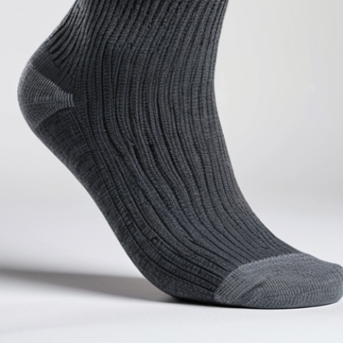 Home 9 A professional studio close-up focusing on the intricate texture of a premium Merino wool sock, worn on a naturally posed, fully clothed foot. The sock, in a neutral, practical color like charcoal gray, subtly showcases its fine, dense weave, engineered for optimal air trapping and moisture management. The foot is completely covered by the sock, ensuring modest clothing and appropriate attire. The background is a clean, minimalist studio setting with soft, focused lighting that accentuates the fabric's details and a sense of warmth. This is a high-resolution professional photograph with hyper-realistic detail, perfect anatomy, correct proportions, and a natural pose. The image is safe for work, appropriate content, fully clothed, and professional.