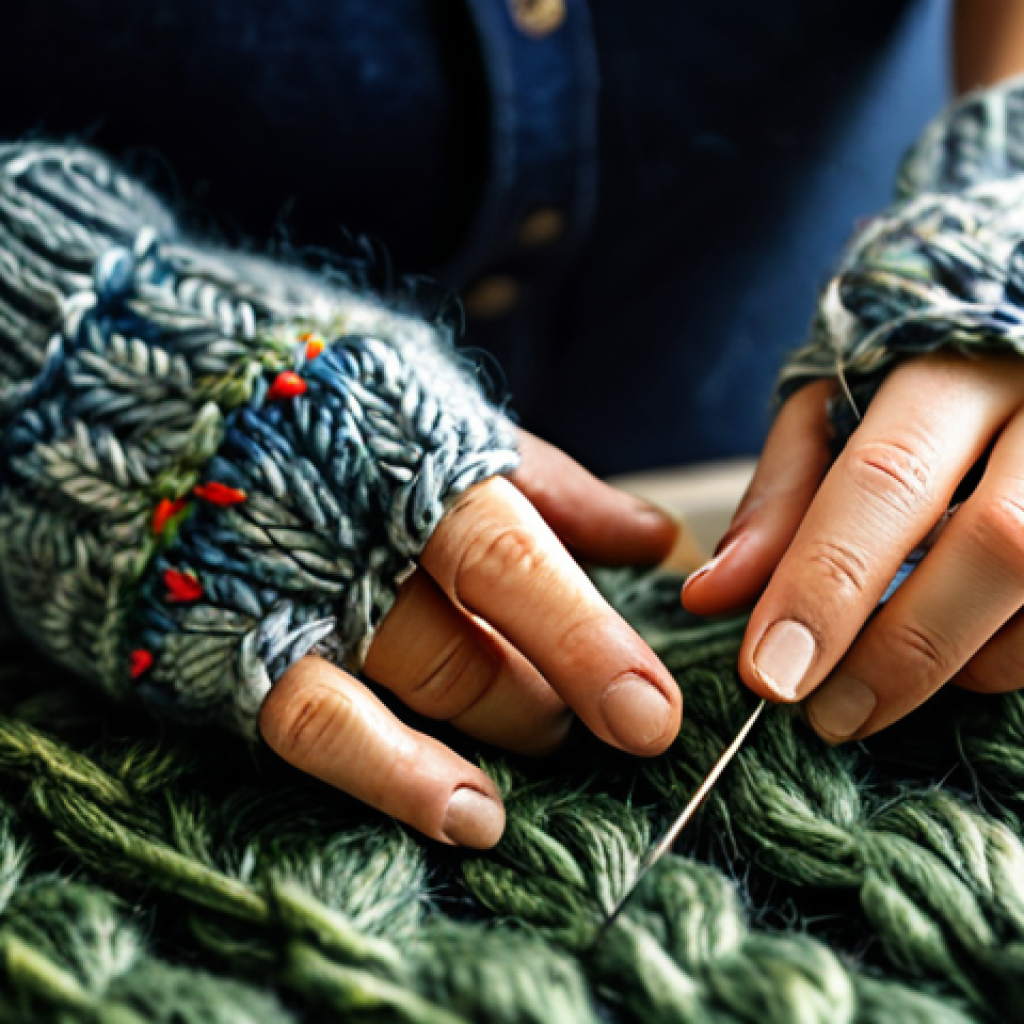 Artisan at Work**

Prompt: "Close-up of an artisan's hands meticulously knitting a wool glove, natural light, soft focus on the details of the stitches and the texture of the yarn, warm color palette, crafting workshop environment, fully clothed, safe for work, professional artisan, perfect anatomy, well-formed hands, proper finger count, appropriate content, modest attire, family-friendly."

**