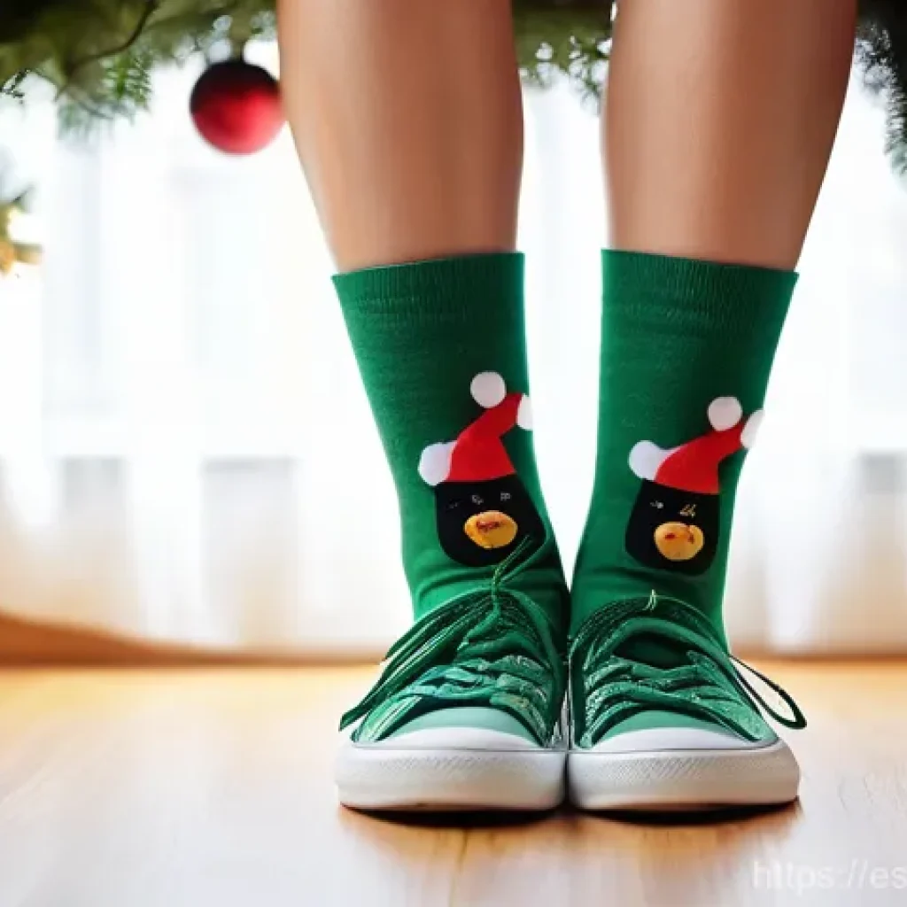 크리스마스 테마 양말 인기 아이템 - **Prompt:** A close-up, vibrant shot of a person's lower legs and feet, showcasing a pair of incredi...