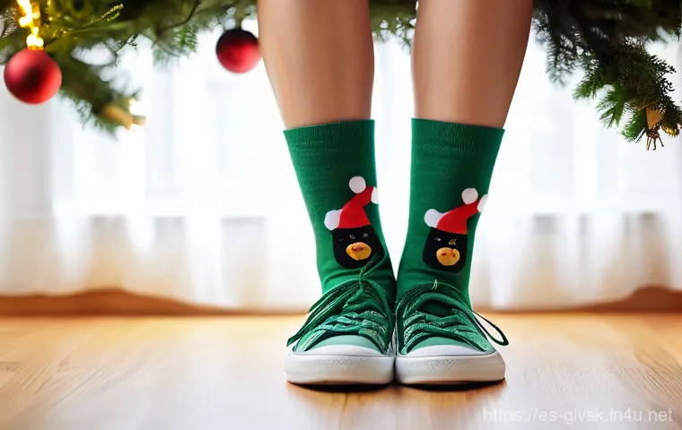 크리스마스 테마 양말 인기 아이템 - **Prompt:** A close-up, vibrant shot of a person's lower legs and feet, showcasing a pair of incredi...