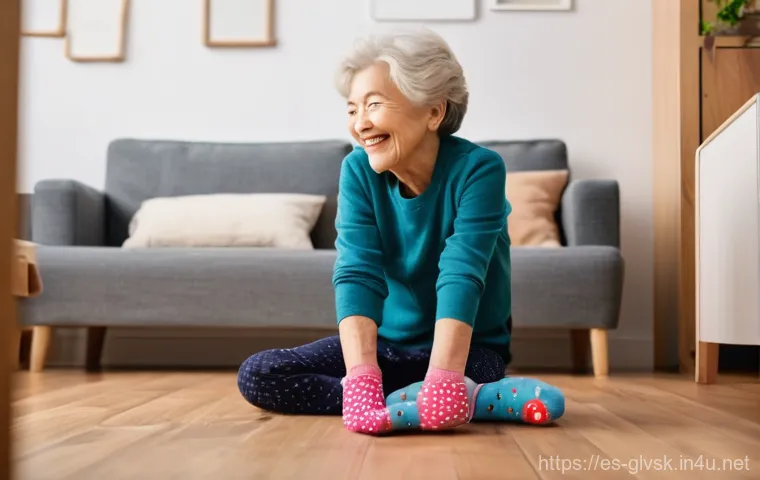 슬립 방지 고무 양말 추천 - **Prompt:** A heartwarming, brightly lit indoor scene showcasing a multi-generational family enjoyin...