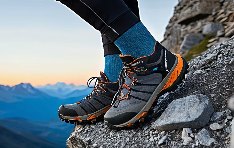 야외 운동에 적합한 양말 - **Prompt 1: The Ergonomic Design of High-Performance Athletic Socks**
    "A close-up shot of a pers...