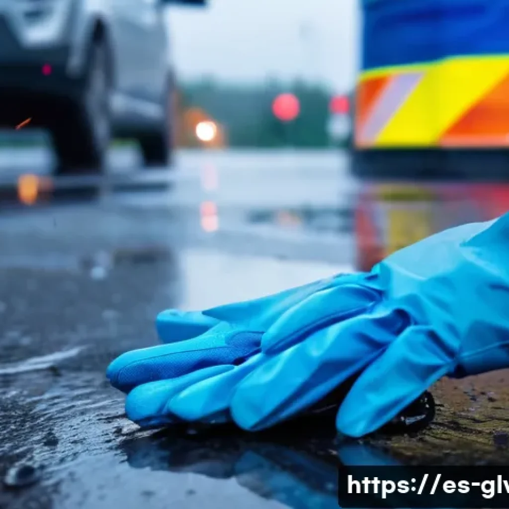 차량 응급 키트를 위한 방수 장갑 - A close-up scene of a pair of hands wearing durable, blue nitrile waterproof gloves handling sharp m...
