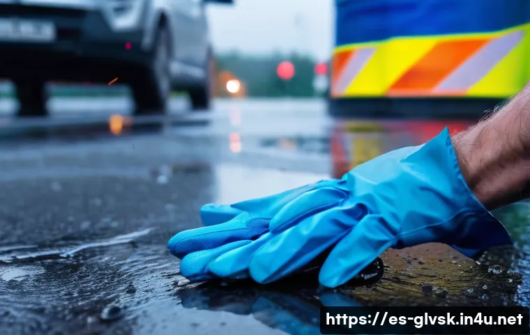 차량 응급 키트를 위한 방수 장갑 - A close-up scene of a pair of hands wearing durable, blue nitrile waterproof gloves handling sharp m...