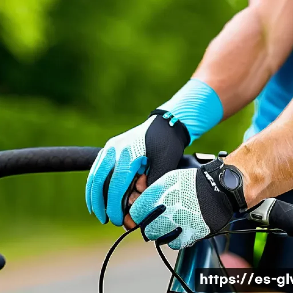 여름용 통풍 장갑 추천 - A close-up image of a pair of summer cycling gloves made from breathable polyester mesh fabric, feat...