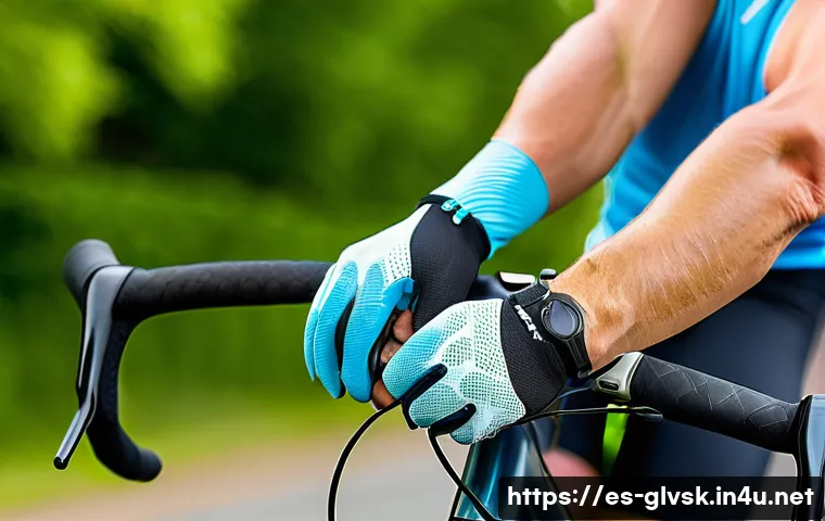 여름용 통풍 장갑 추천 - A close-up image of a pair of summer cycling gloves made from breathable polyester mesh fabric, feat...
