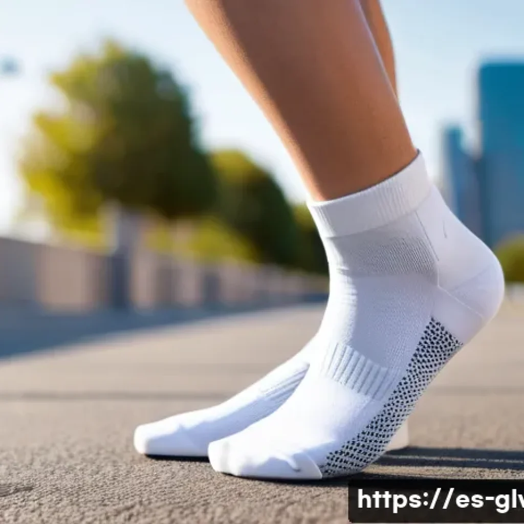 애슬레저 룩에 어울리는 양말 - A close-up, high-resolution image of a pair of athleisure ankle socks made from recycled polyester a...