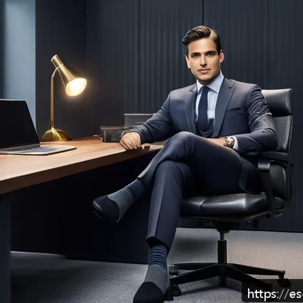 오피스 양말 스타일링 팁 - A professional office setting featuring a well-dressed man sitting at a sleek desk, wearing a dark g...
