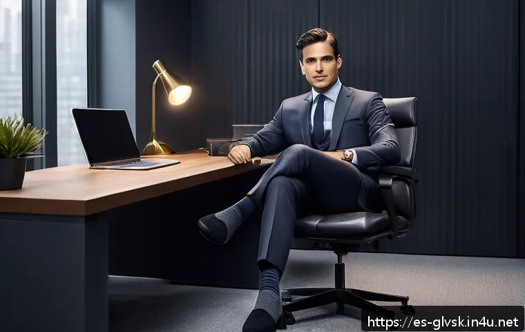 오피스 양말 스타일링 팁 - A professional office setting featuring a well-dressed man sitting at a sleek desk, wearing a dark g...