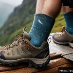 Home 19 산악 양말 방수 기능 리뷰 - A close-up view of high-performance waterproof hiking socks displayed on a rustic wooden surface out...