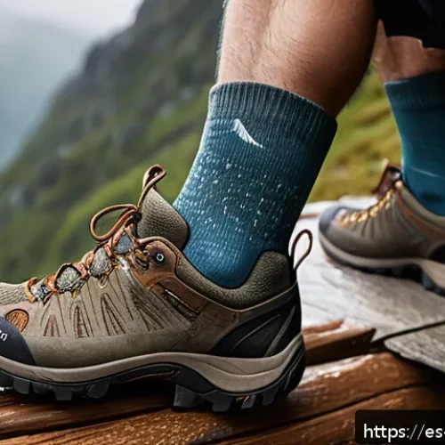 Home 31 산악 양말 방수 기능 리뷰 - A close-up view of high-performance waterproof hiking socks displayed on a rustic wooden surface out...