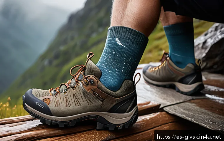산악 양말 방수 기능 리뷰 - A close-up view of high-performance waterproof hiking socks displayed on a rustic wooden surface out...
