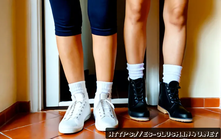 발목 양말 대 긴 양말 장점 비교 - Photorealistic side-by-side footwear comparison in a bright Spanish apartment entryway, one adult we...