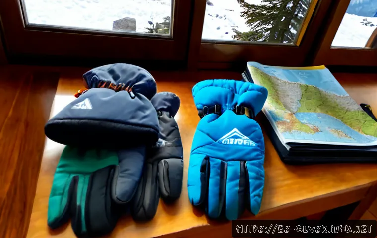 Home 17 겨울철 등산 장갑 선택 팁 - Photorealistic winter hiking gear comparison on a rustic wooden table in a Spanish mountain cabin, t...
